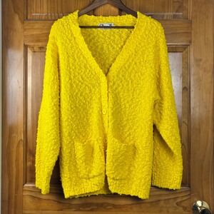 Chaus Womens Lg Yellow Popcorn Knit Cardigan Sweater 80s Vintage Shoulder Pads